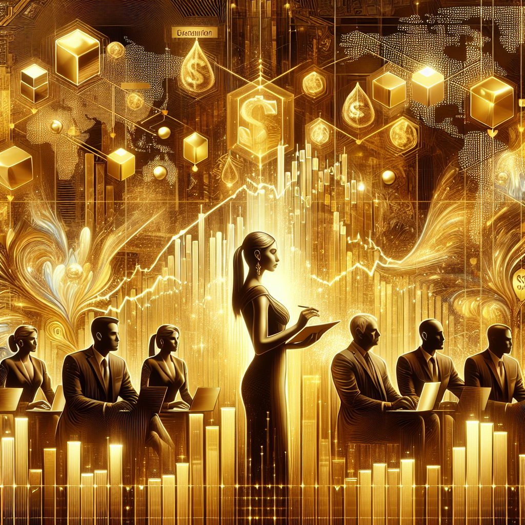 An elegant golden-themed illustration depicting the dynamic interplay of market sentiment in gold trading, featuring a sophisticated scene with traders observing gold price charts, gold bars, and abstract representations of investor psychology.