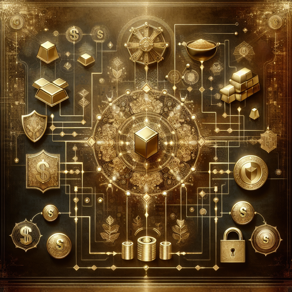 An elegant illustration depicting advanced risk management techniques for protecting investments in gold and precious metals, featuring a detailed flowchart intertwined with luxurious golden elements.