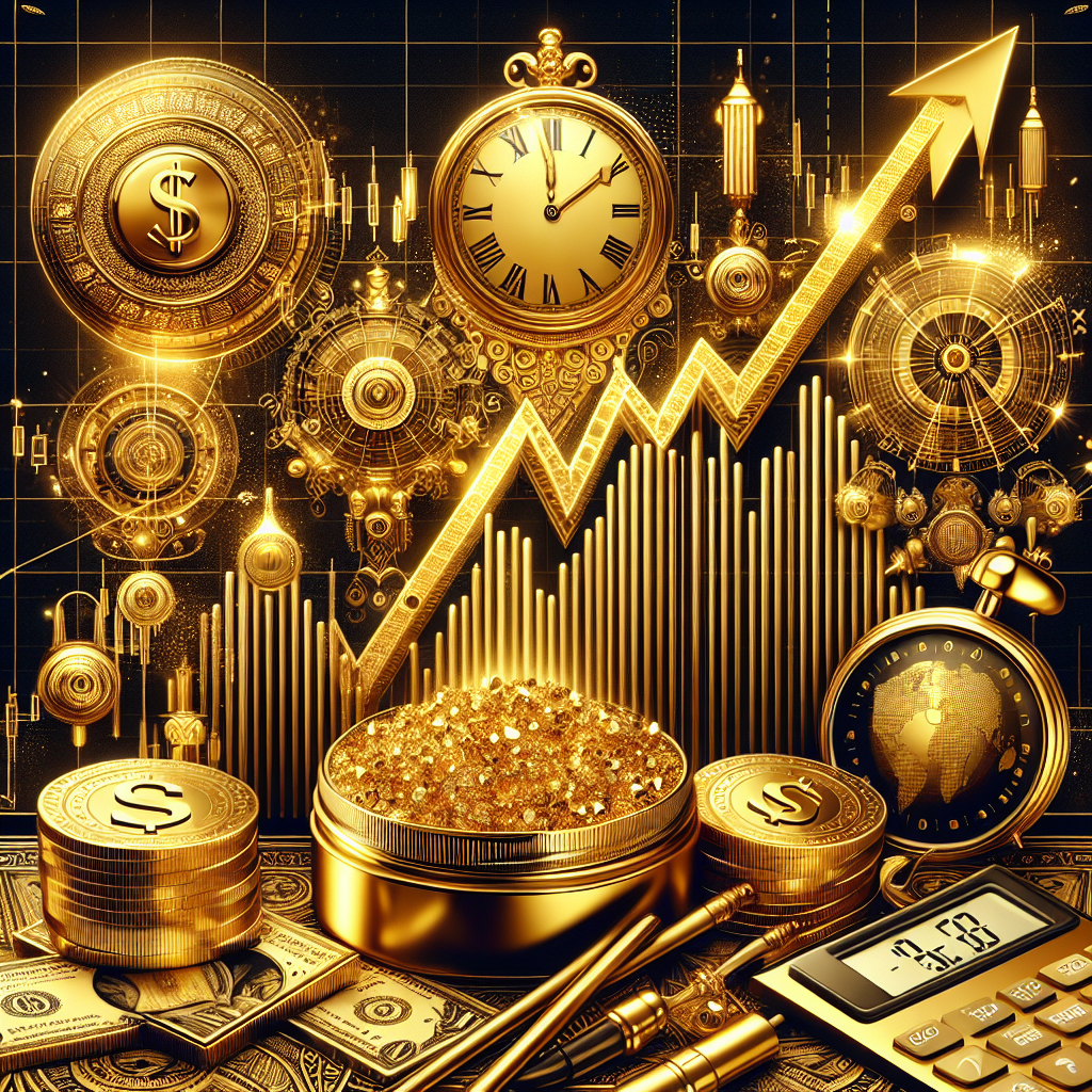 An elegant illustration depicting the concept of swing trading gold, featuring golden charts, trading tools, and elements symbolizing profit timing, all set in a luxurious gold-themed design.