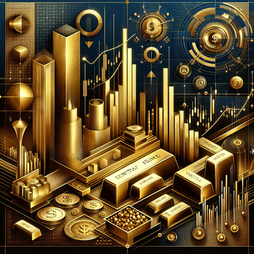 An elegant golden-themed illustration depicting the influence of central banks on gold prices, featuring symbols of finance like graphs and gold bars intertwined with ornate designs representing stability and growth.