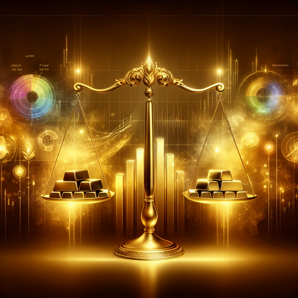 An elegant illustration depicting the relationship between market sentiment and gold trading, featuring golden scales balanced with indicators, charts, and abstract representations of emotions like optimism and fear.